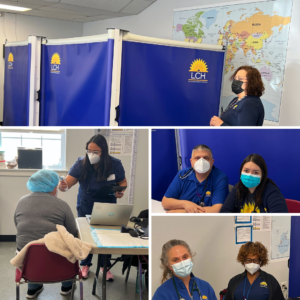 Photo collage of LCH staff tending to patients at health screening on mushroom farm